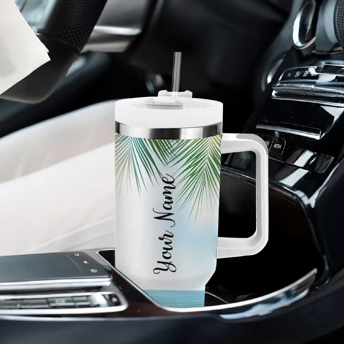 Personalized Beach Lover Tumbler With Handle Custom Name The Sun The Sand And A Drink In My Hand TB09 Print Your Wear