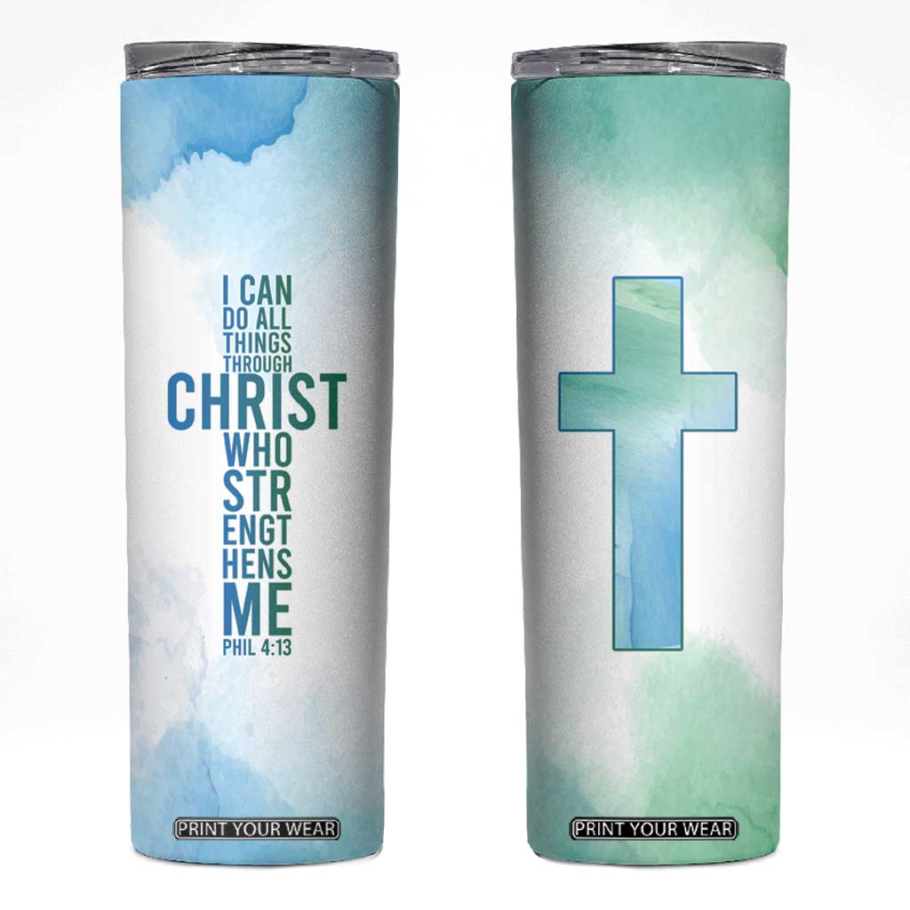 Christian Skinny Tumbler I Can Do All Things Through Christ Watercolor Christ Cross TB09 Blue Green Watercolor Print Your Wear