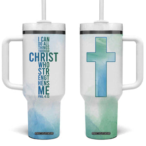 Christian Tumbler With Handle I Can Do All Things Through Christ Watercolor Christ Cross TB09 One Size: 40 oz Blue Green Watercolor Print Your Wear