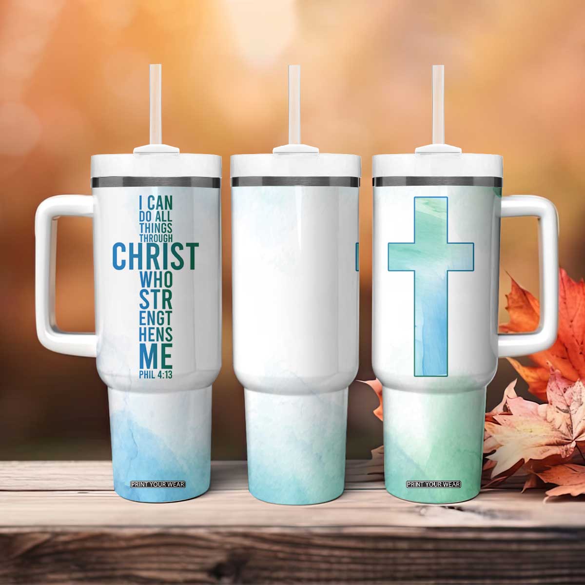 Christian Tumbler With Handle I Can Do All Things Through Christ Watercolor Christ Cross TB09 Print Your Wear