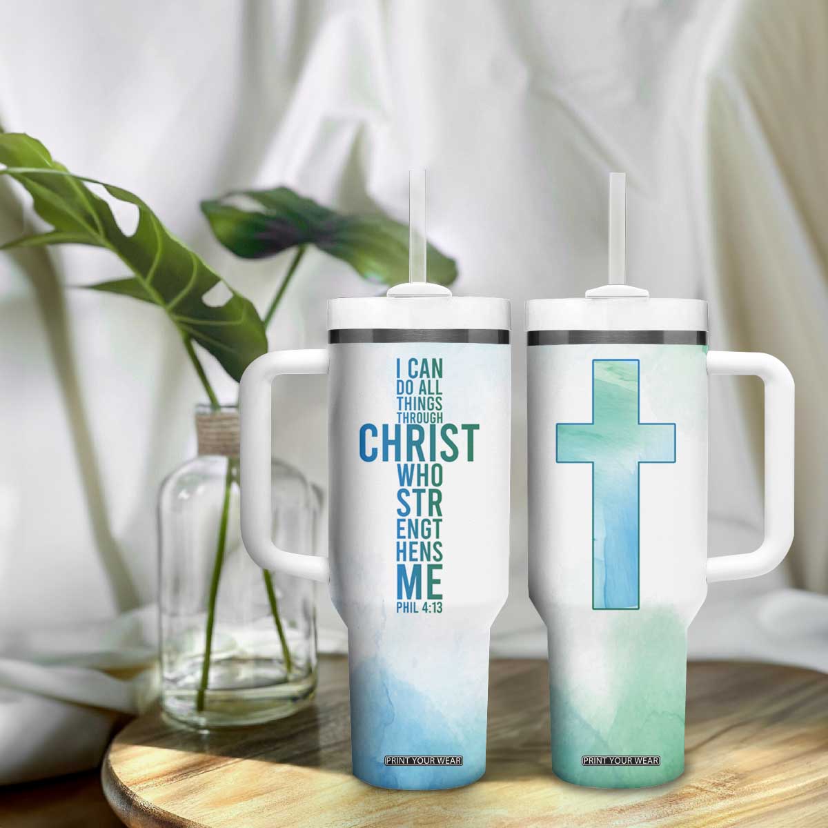 Christian Tumbler With Handle I Can Do All Things Through Christ Watercolor Christ Cross TB09 Print Your Wear