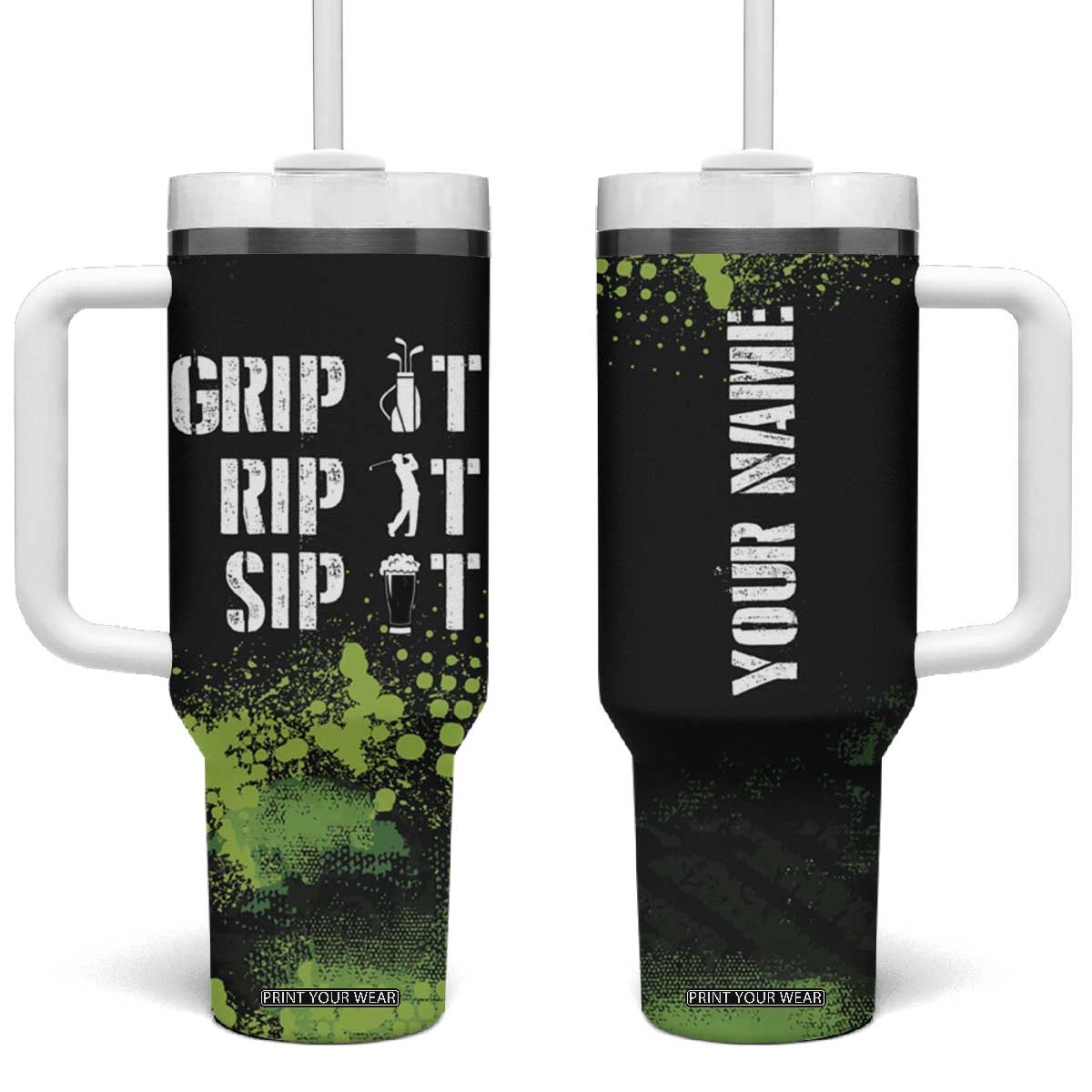 Personalized Funny Golf Player Tumbler With Handle Custom Name Grip It Rip It Sip It Beer Drinking TB09 One Size: 40 oz Black Print Your Wear