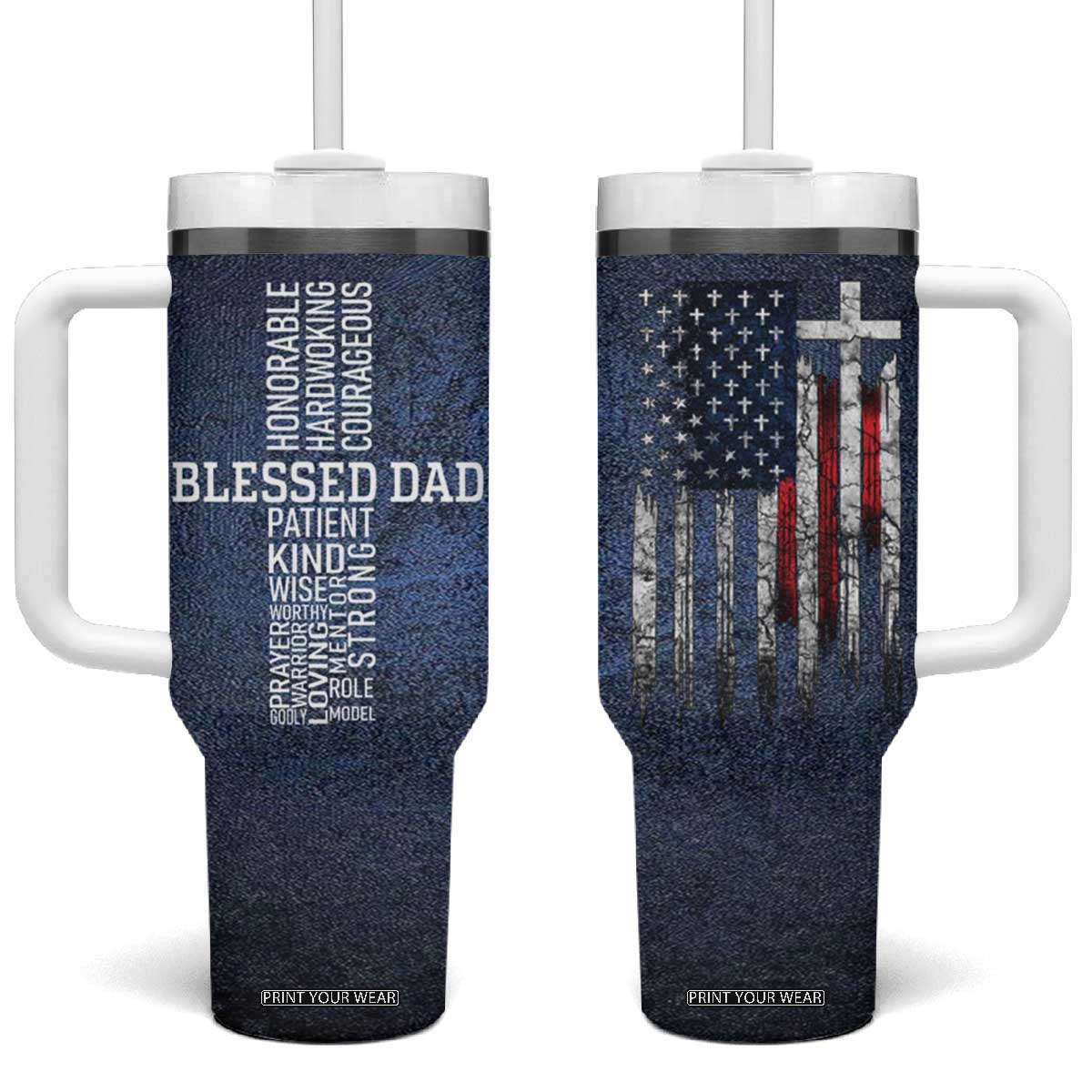 Blessed Dad Christian Tumbler With Handle Christ Cross Patriotic American Flag TB09 One Size: 40 oz Blue Print Your Wear