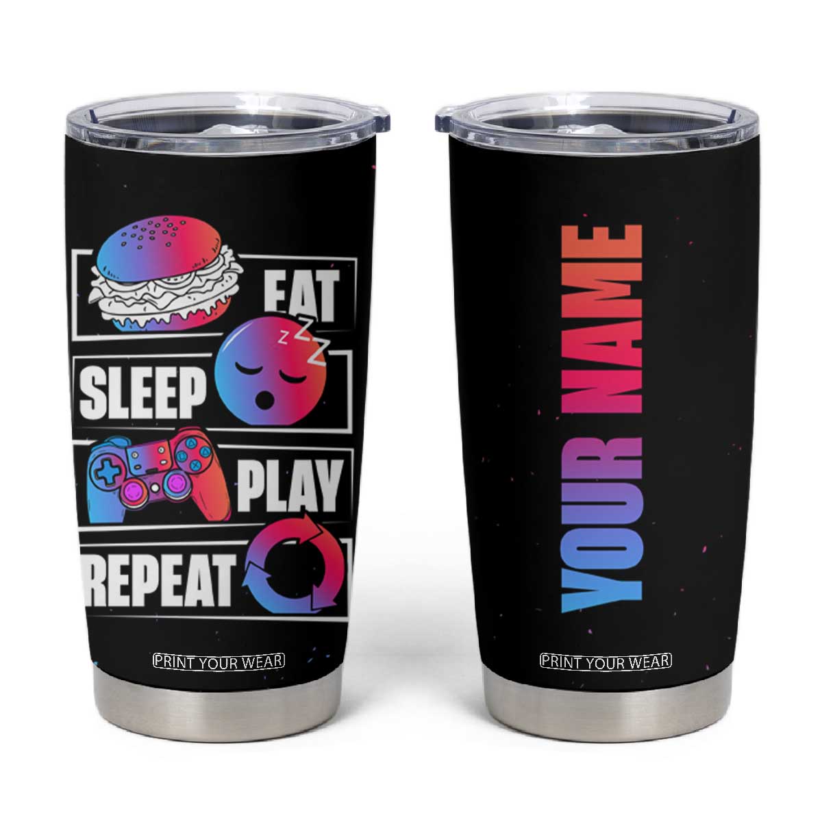 Personalized Gamer Tumbler Cup Custom Name Eat Sleep Gaming Repeat TB09 Black Print Your Wear