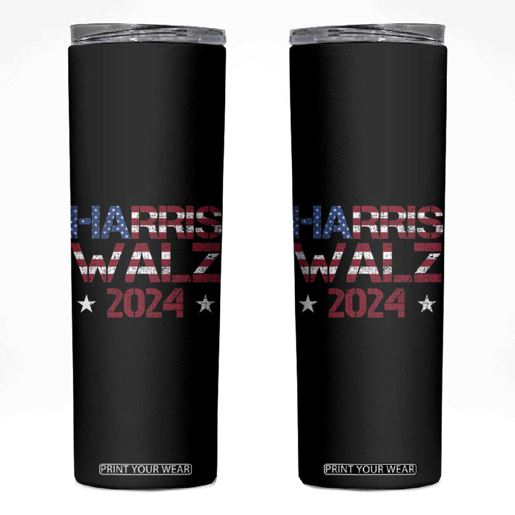 Harris Walz 2024 Election Skinny Tumbler Tim Walzt Kamala Madam President American Flag TB10 Black Print Your Wear