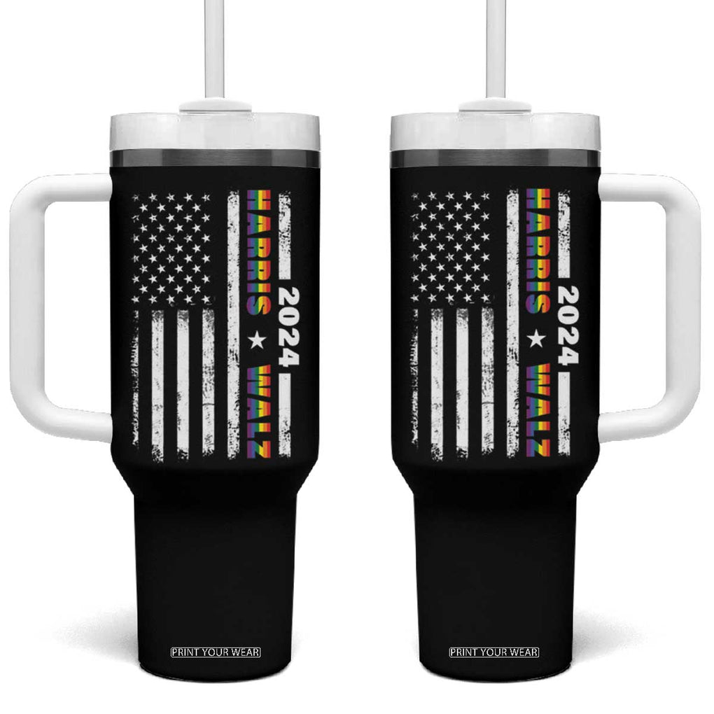 Harris Walz 2024 Election Tumbler With Handle Kamala LGBT Gay Pride Rainbow American USA Flag TB10 One Size: 40 oz Black Print Your Wear