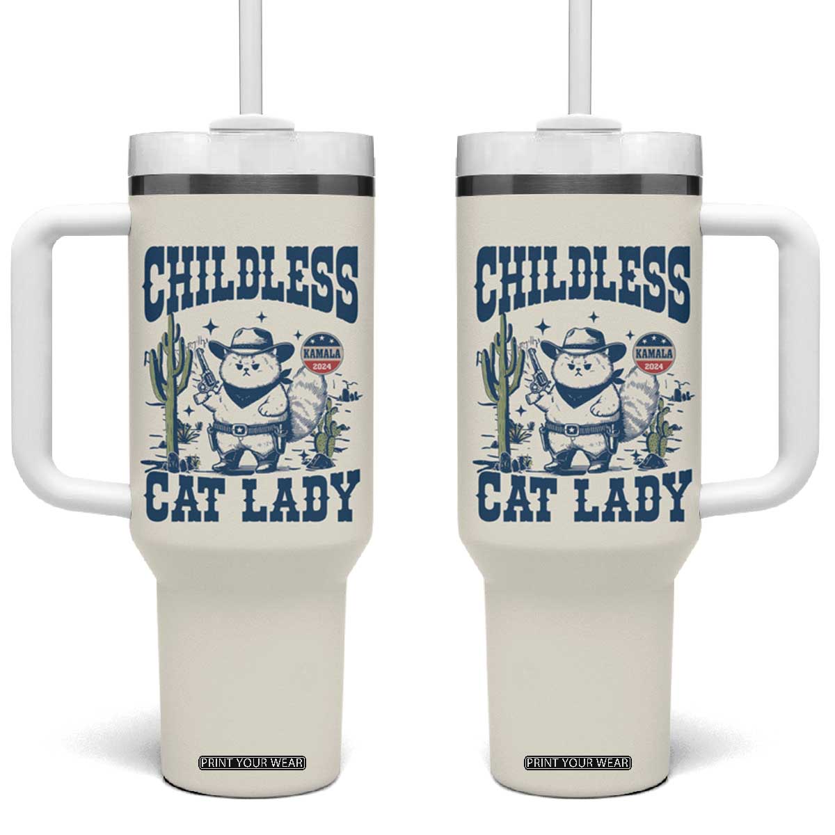 Childless Cat Ladies For Kamala Harris 2024 Tumbler With Handle Funny Cowboy Cat Gifts for Pet Lovers TB10 One Size: 40 oz Cream Print Your Wear