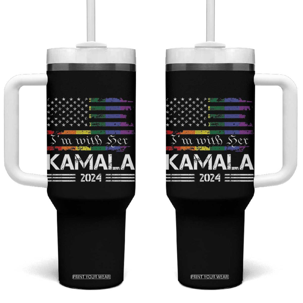 Harris 2024 Election Tumbler With Handle I'm With Her Kamala LGBT Gay Pride Rainbow American USA Flag TB10 One Size: 40 oz Black Print Your Wear