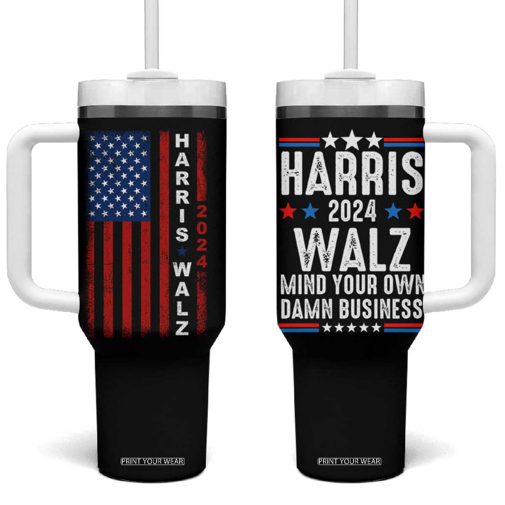 Harris Walz 2024 Election Tumbler With Handle Mind Your Own Damn Business American Flag TB10 One Size: 40 oz Black Print Your Wear