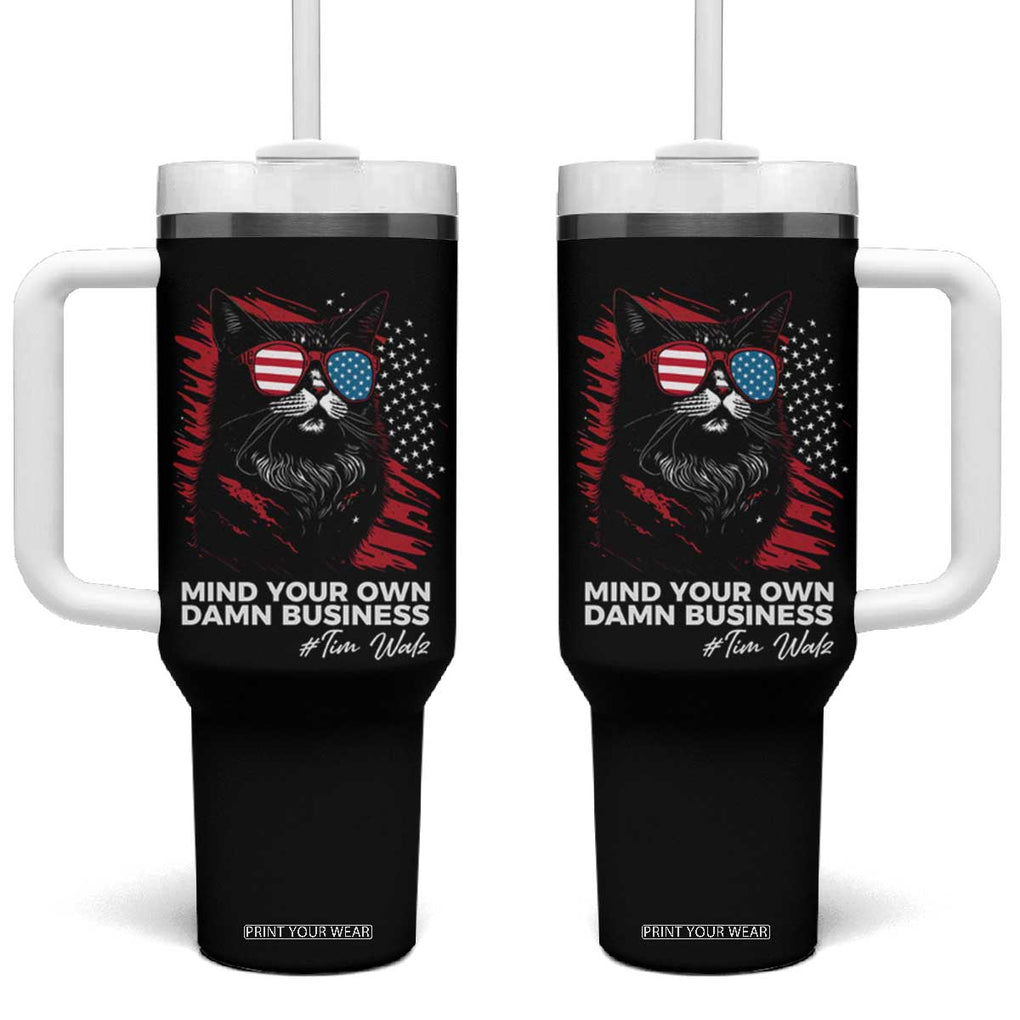 Harris Walz 2024 Election Tumbler With Handle Mind Your Own Damn Business American Flag Cats For Kamala TB10 One Size: 40 oz Black Print Your Wear