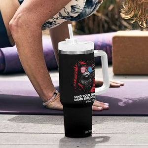 Harris Walz 2024 Election Tumbler With Handle Mind Your Own Damn Business American Flag Cats For Kamala TB10 Print Your Wear