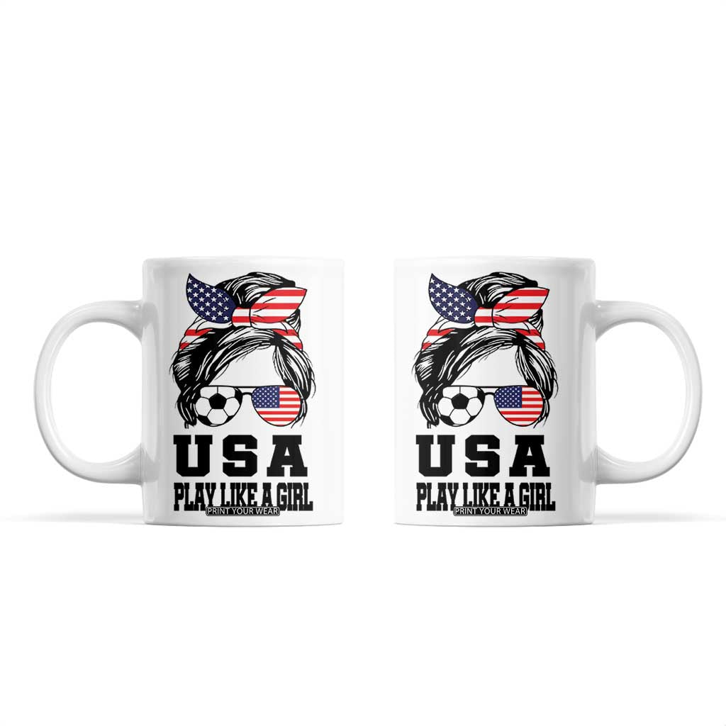 Soccer Girl Coffee Mug Play Like A Girl USA Flag Messy Bun TB10 White Print Your Wear