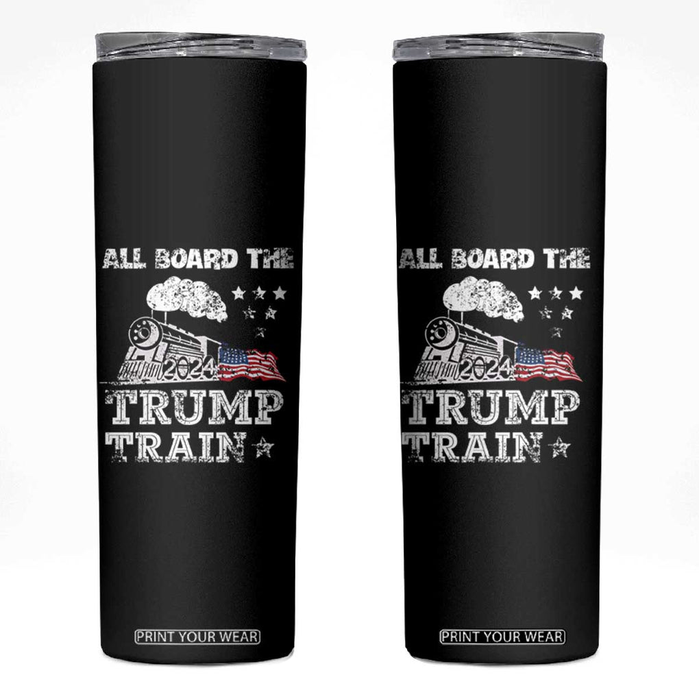 Trump 2024 Skinny Tumbler All Aboard The Trump Train Support for President American Flag TB10 Black Print Your Wear