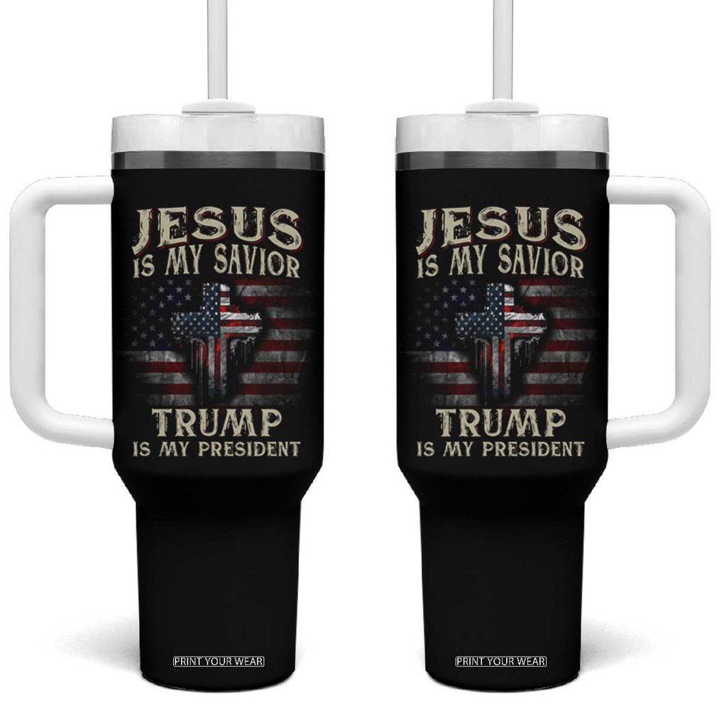 Trump 2024 Christian Tumbler With Handle Jesus Is My Savior Trump Is My President American Flag TB10 One Size: 40 oz Black Print Your Wear