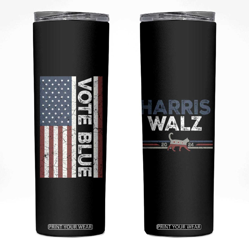 Harris Walz 2024 Election Skinny Tumbler Vote Blue for Kamala President American Flag TB10 Black Print Your Wear