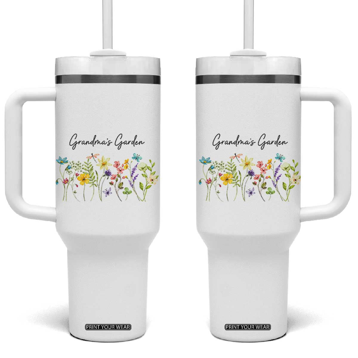 Grandmas Garden Tumbler With Handle Flower Mothers Day Gift TB10 One Size: 40 oz White Print Your Wear