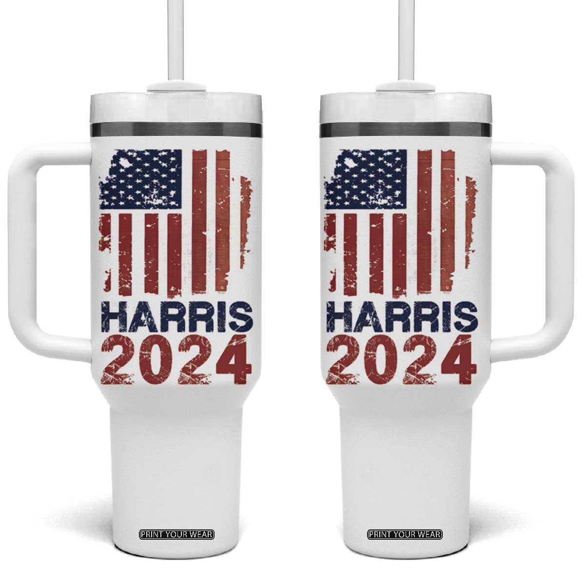 Harris 2024 Tumbler With Handle Kamala Madam President Fans Of Harris Gift Retro American USA Flag TB10 One Size: 40 oz White Print Your Wear