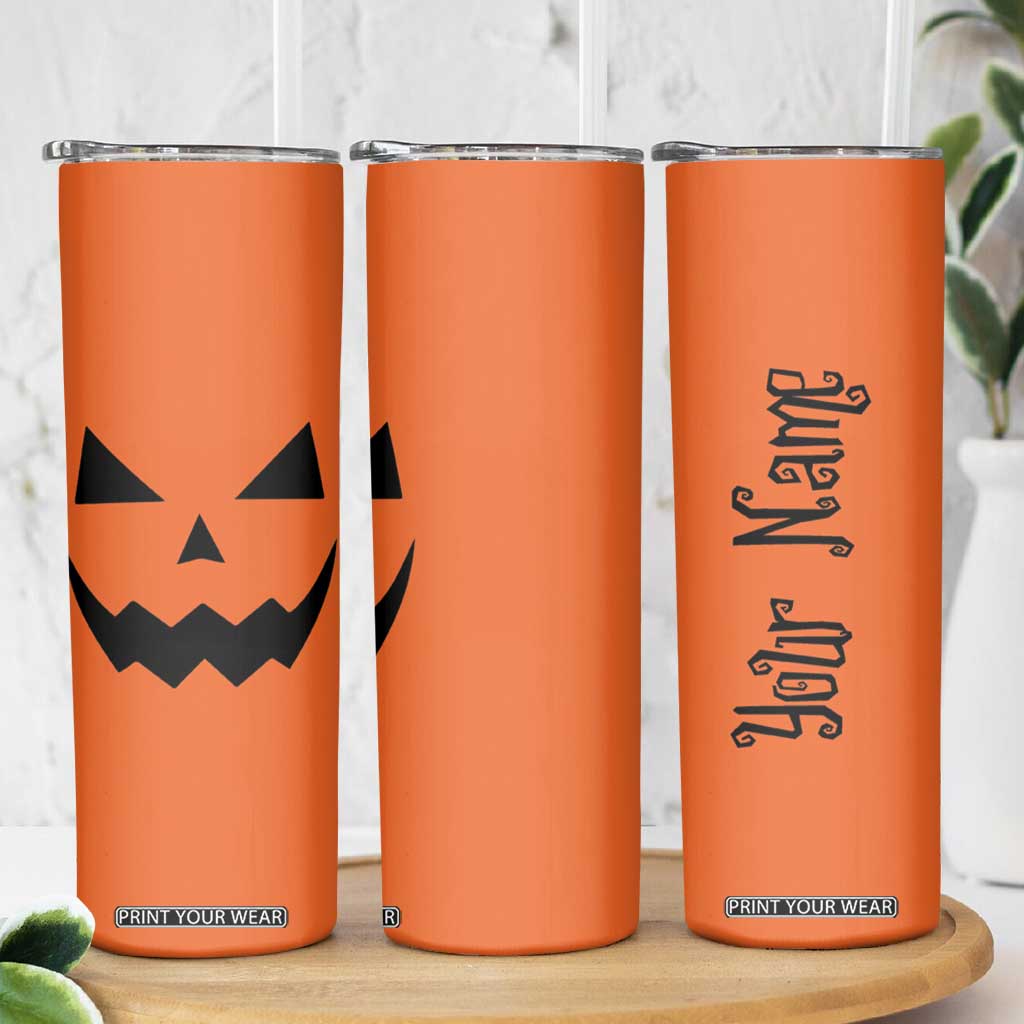 Personalized Halloween Pumpkin Face Skinny Tumbler Custom Name Travel Coffee Cup Orange TB10 Print Your Wear