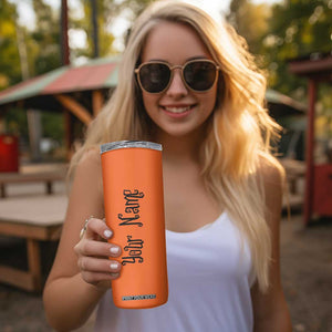 Personalized Halloween Pumpkin Face Skinny Tumbler Custom Name Travel Coffee Cup Orange TB10 Print Your Wear