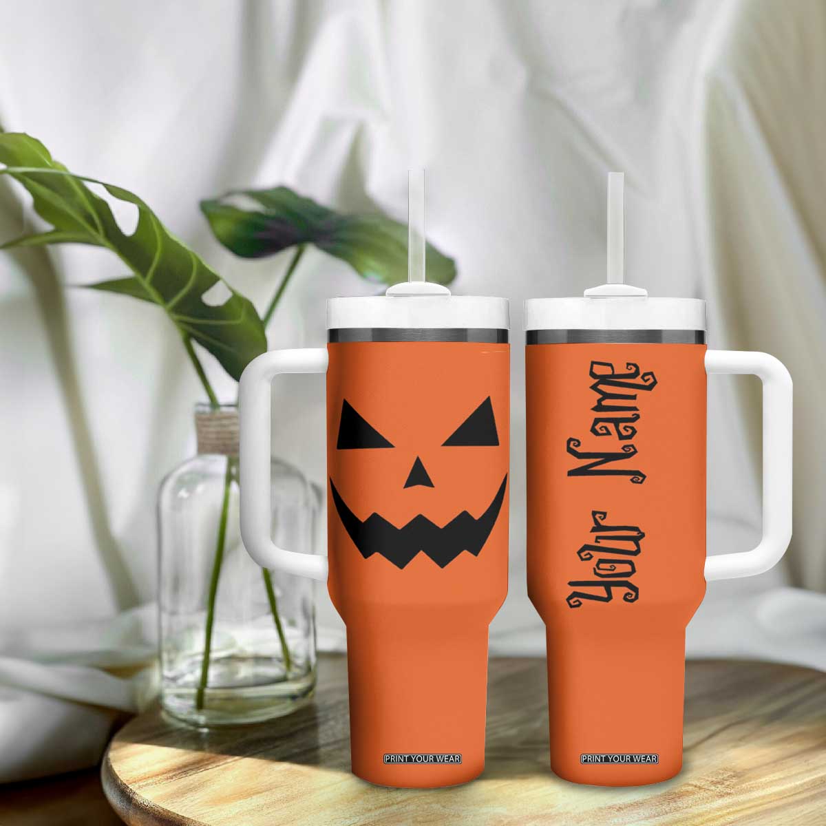 Personalized Halloween Pumpkin Face Tumbler With Handle Custom Name Travel Coffee Cup Orange TB10 Print Your Wear