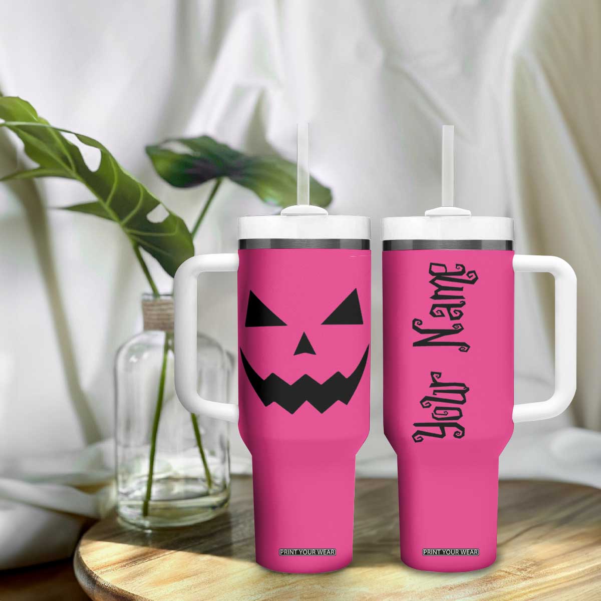 Personalized Halloween Pumpkin Face Tumbler With Handle Custom Name Travel Coffee Cup Pink TB10 Print Your Wear