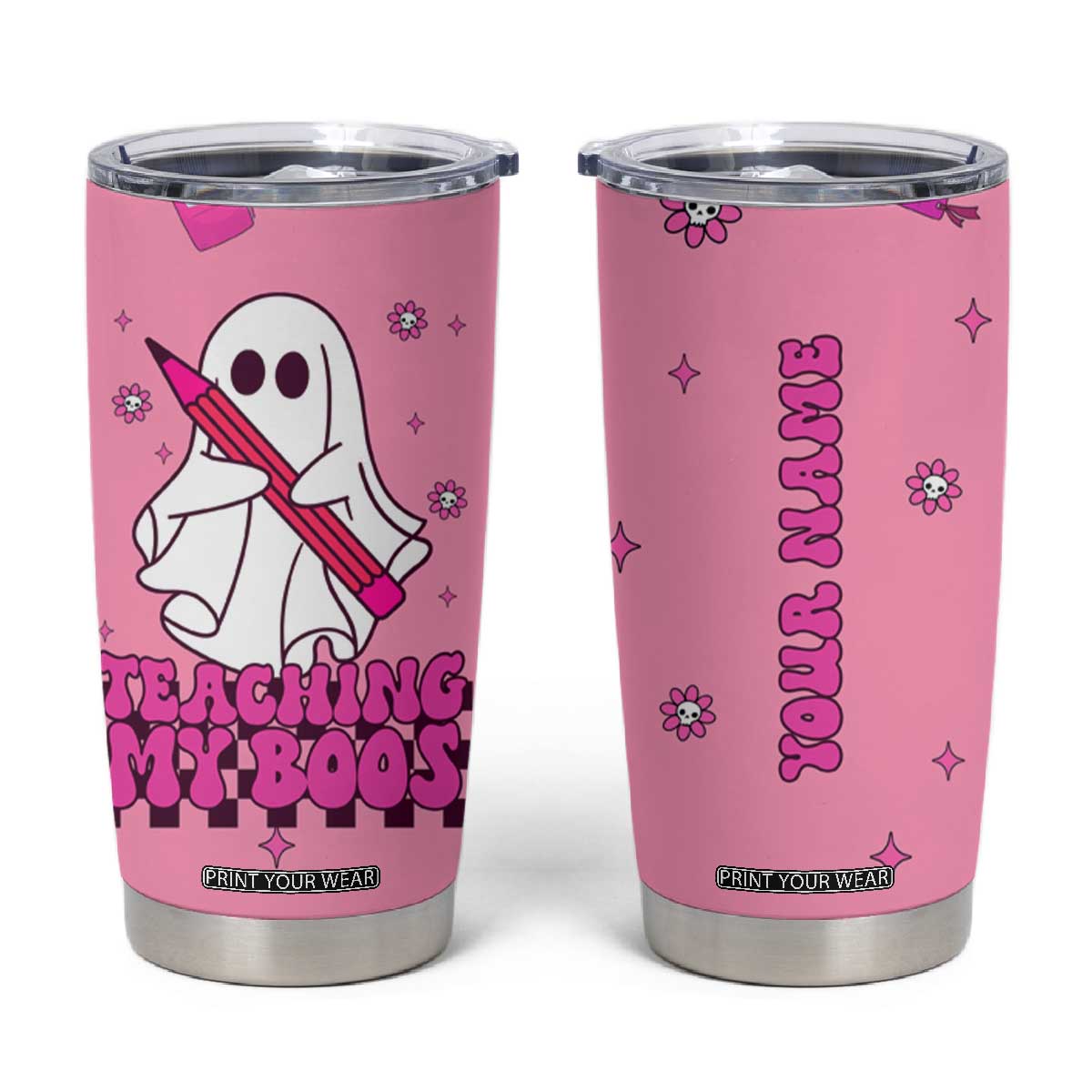 Personalized Halloween Teacher Gift Tumbler Cup Custom Name Funny Ghost Teaching My Boos TB10 Pink Print Your Wear