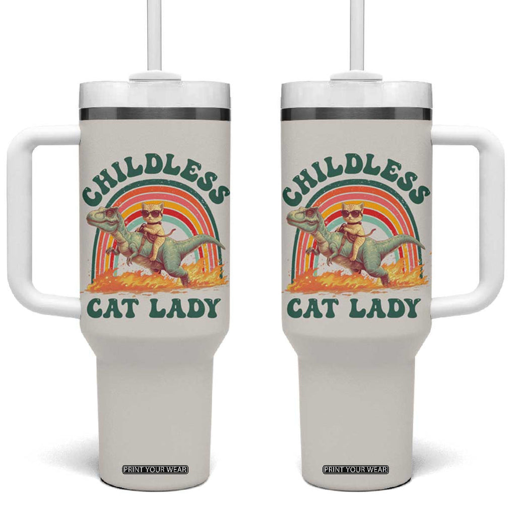 Funny Kamala Harris 2024 Tumbler With Handle Childless Cat Lady Riding Dinosaur T rex Kitten Lover Meme Democratics Vote TB10 One Size: 40 oz Cream Print Your Wear