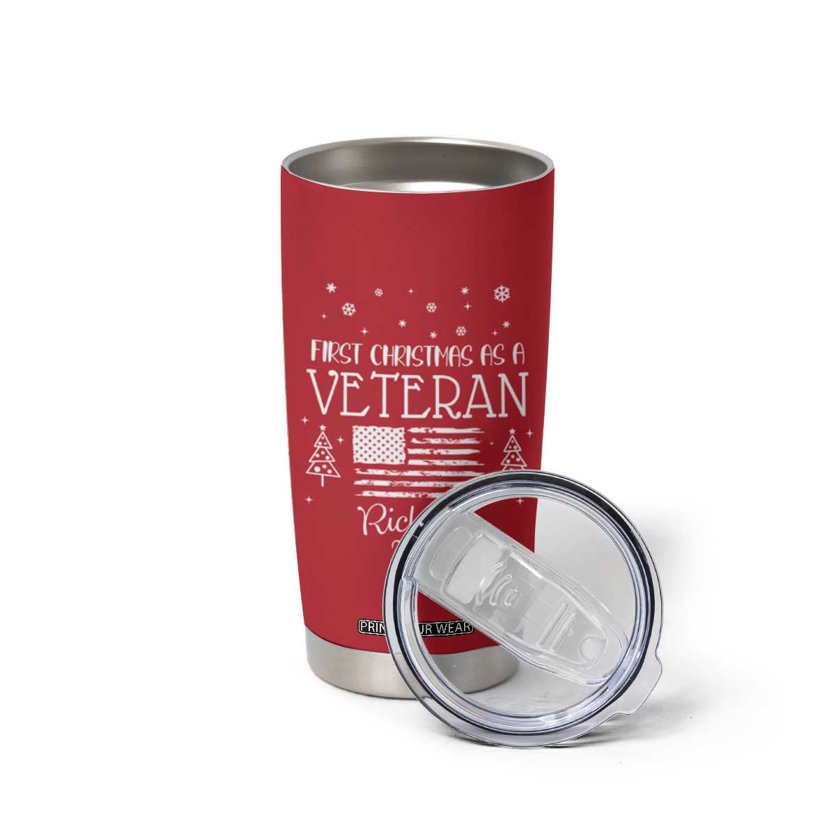 Personalized First Christmas Veteran Tumbler Cup Custom Name Military Retirement Gift American Flag Red TB10 Print Your Wear