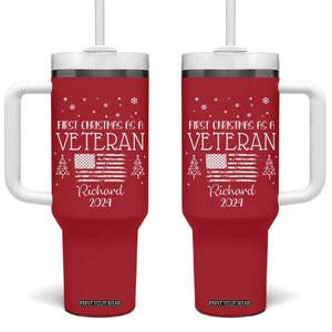 Personalized First Christmas Veteran Tumbler With Handle Custom Name Military Retirement Gift American Flag Red TB10 One Size: 40 oz Red Print Your Wear