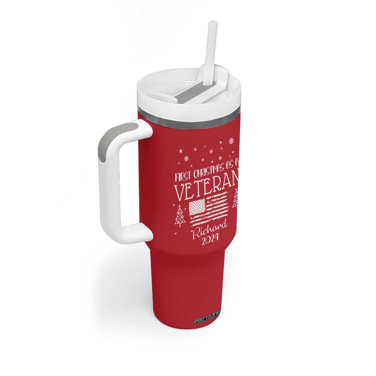 Personalized First Christmas Veteran Tumbler With Handle Custom Name Military Retirement Gift American Flag Red TB10 Print Your Wear