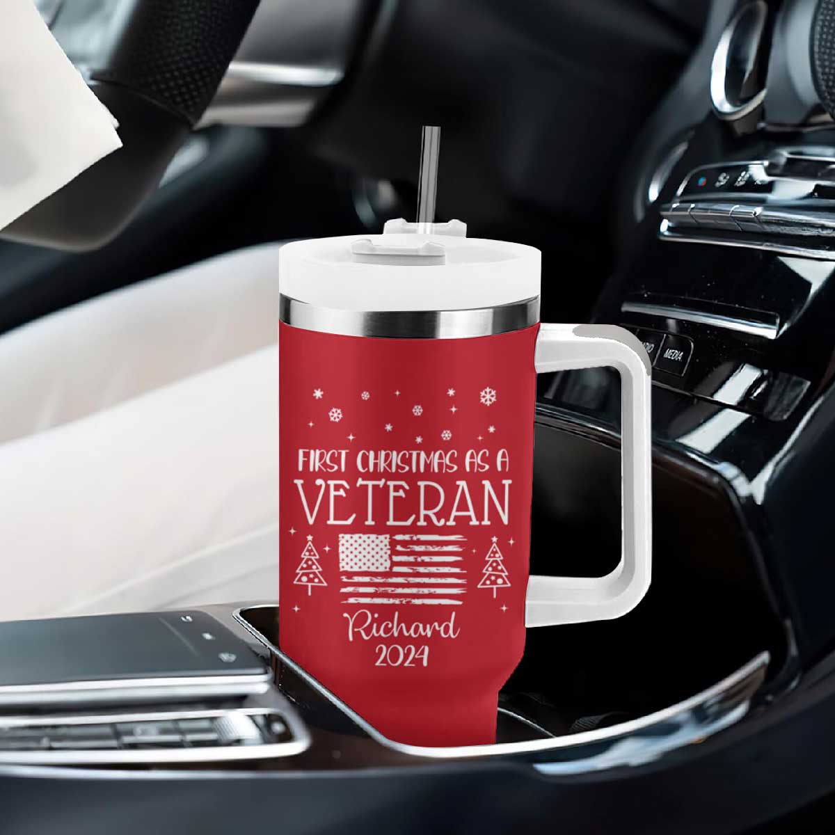 Personalized First Christmas Veteran Tumbler With Handle Custom Name Military Retirement Gift American Flag Red TB10 Print Your Wear