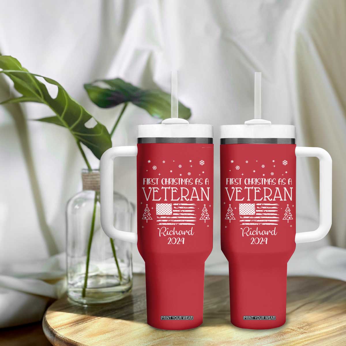 Personalized First Christmas Veteran Tumbler With Handle Custom Name Military Retirement Gift American Flag Red TB10 Print Your Wear