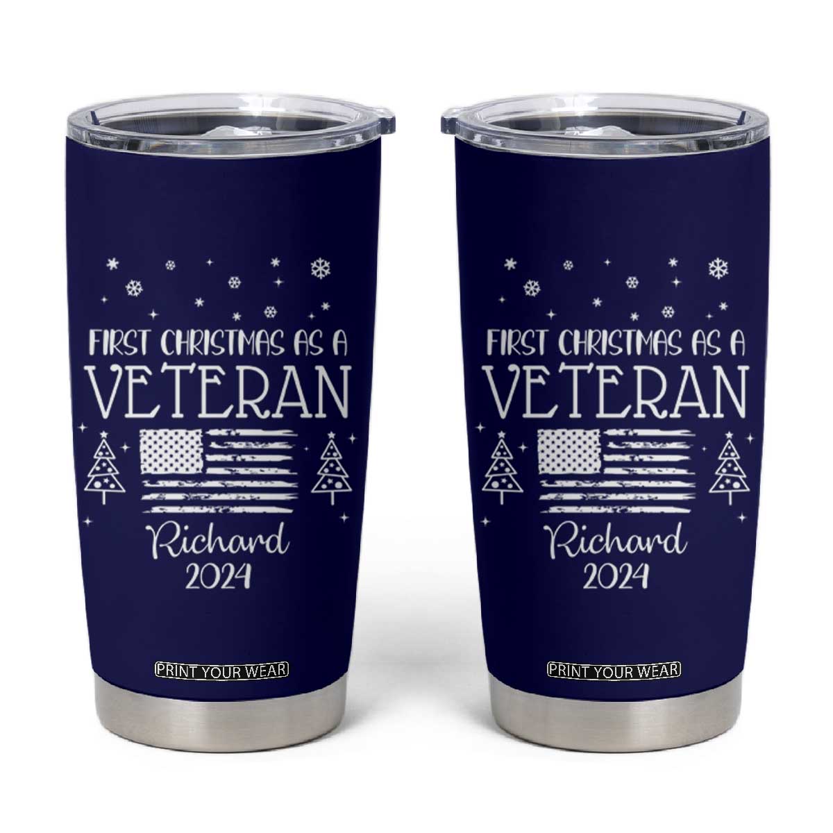 Personalized First Christmas Veteran Tumbler Cup Custom Name Military Retirement Gift American Flag Navy TB10 Navy Print Your Wear