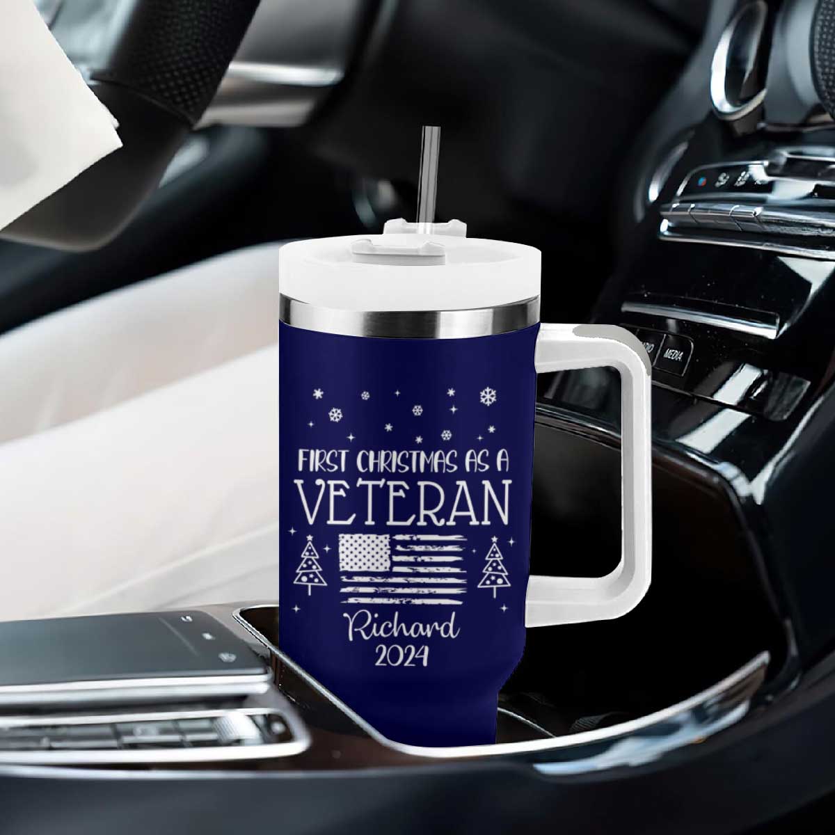 Personalized First Christmas Veteran Tumbler With Handle Custom Name Military Retirement Gift American Flag Navy TB10 Print Your Wear