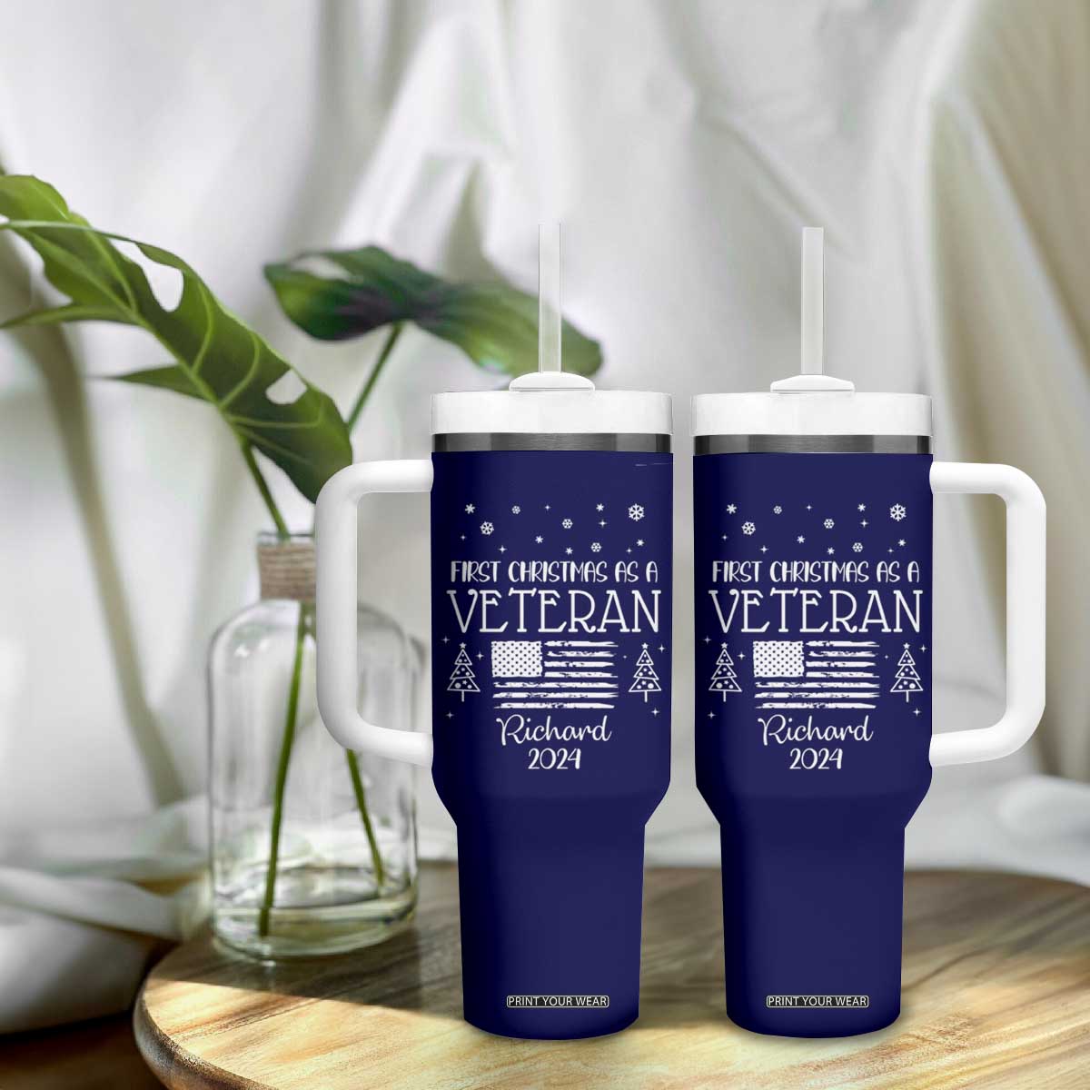 Personalized First Christmas Veteran Tumbler With Handle Custom Name Military Retirement Gift American Flag Navy TB10 Print Your Wear