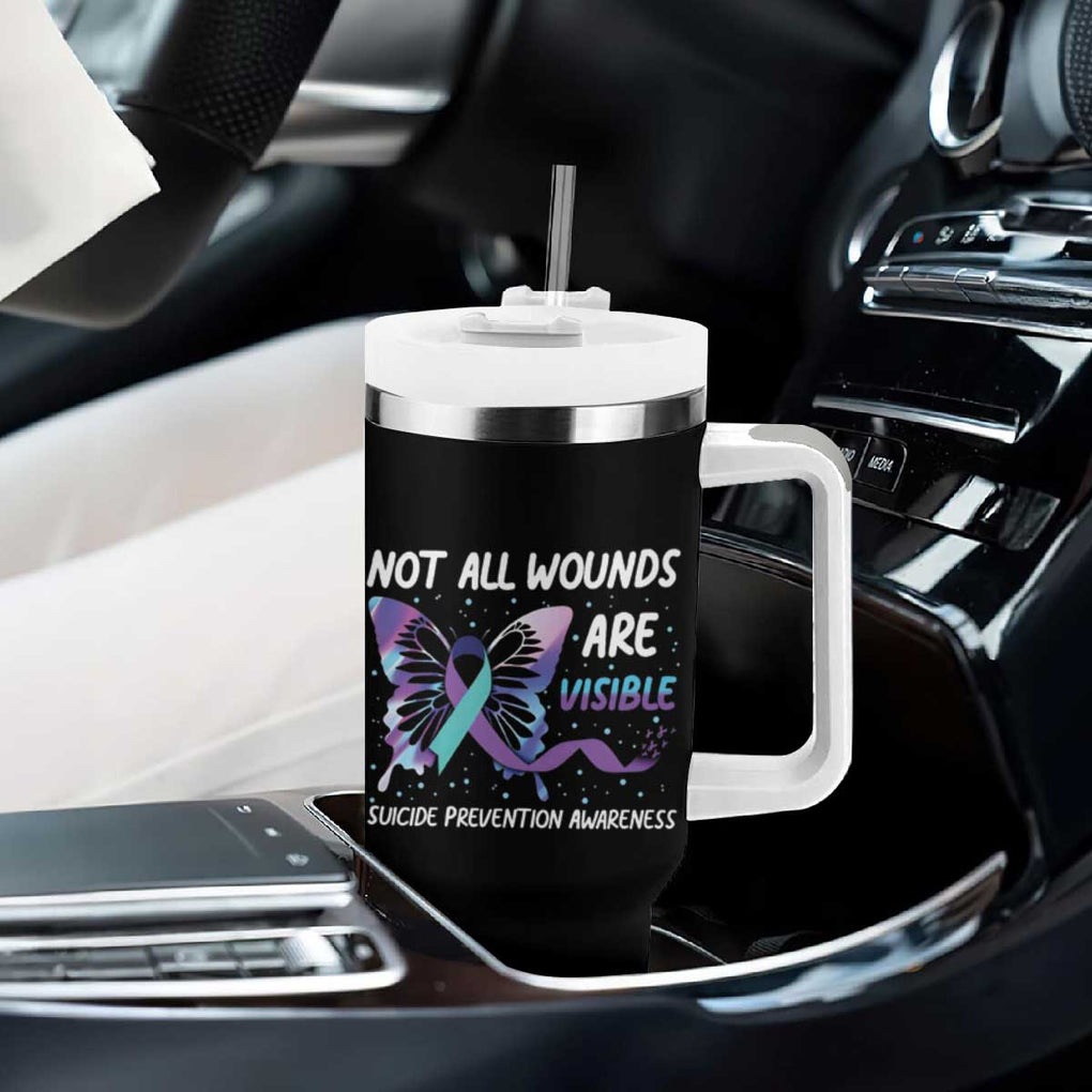 Suicide Prevention Awareness Tumbler With Handle Teal Purple Ribbon Butterfly Not All Wounds Are Visible Mental Health TB10 Print Your Wear