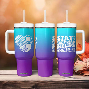 Suicide Prevention Awareness Tumbler With Handle Teal Purple Ribbon Stay World Needs You Call 988 Mental Health Groovy TB10 Print Your Wear