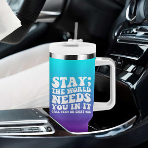 Suicide Prevention Awareness Tumbler With Handle Teal Purple Ribbon Stay World Needs You Call 988 Mental Health Groovy TB10 Print Your Wear