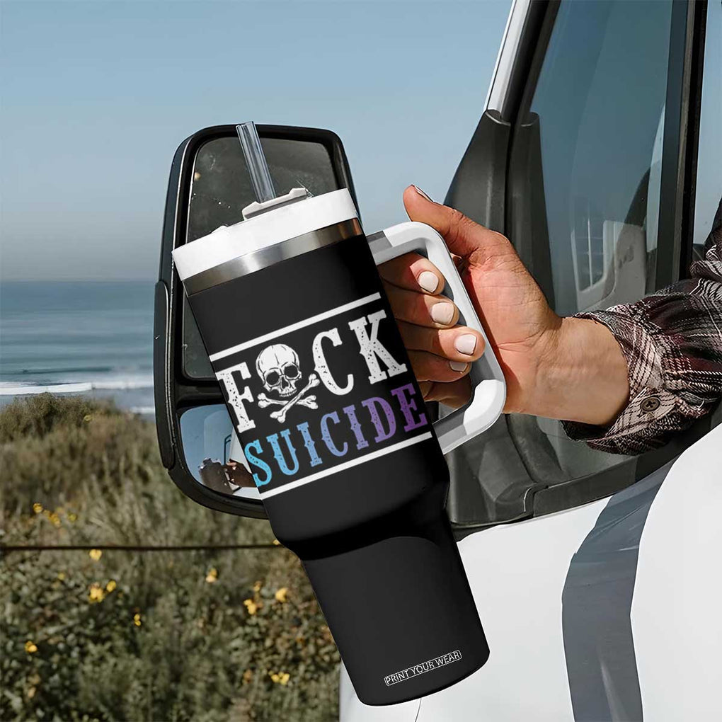 Suicide Prevention Awareness Tumbler With Handle Teal Purple Fuck Suicide Skull and Crossbones Skeleton TB10 Print Your Wear