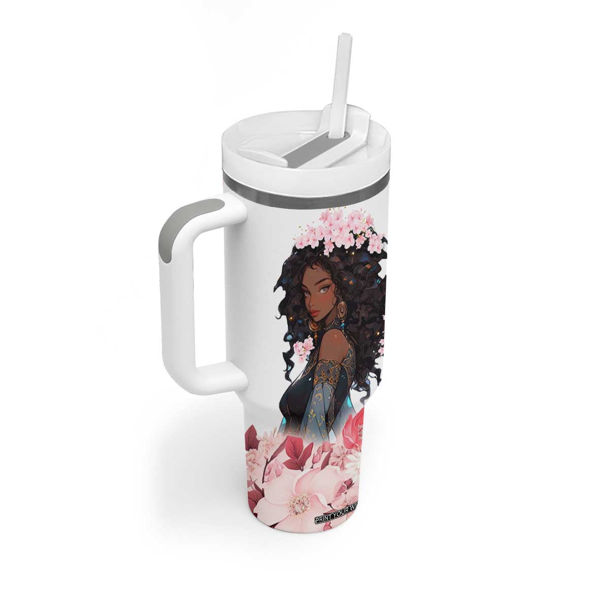 Black Queen Tumbler With Handle Afro Afican Roots Women Floral Juneteenth Black History TB10 Print Your Wear