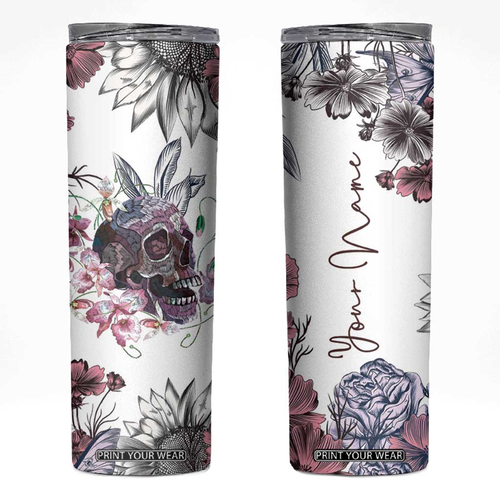 Personalized Floral Skull Skinny Tumbler Custom Name Botanical Gothic Aesthetic Vibe TB10 White Print Your Wear