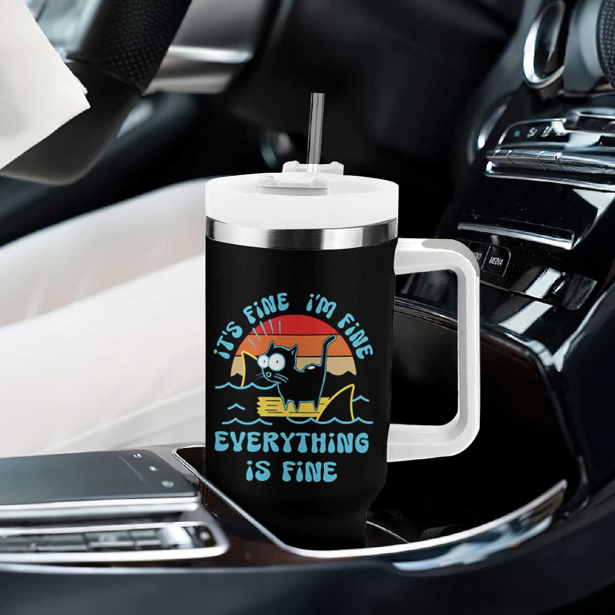 Funny Cat Tumbler With Handle It's Fine I'm Fine Everything Is Fine Meme Office Gag Gifts TB10 Print Your Wear