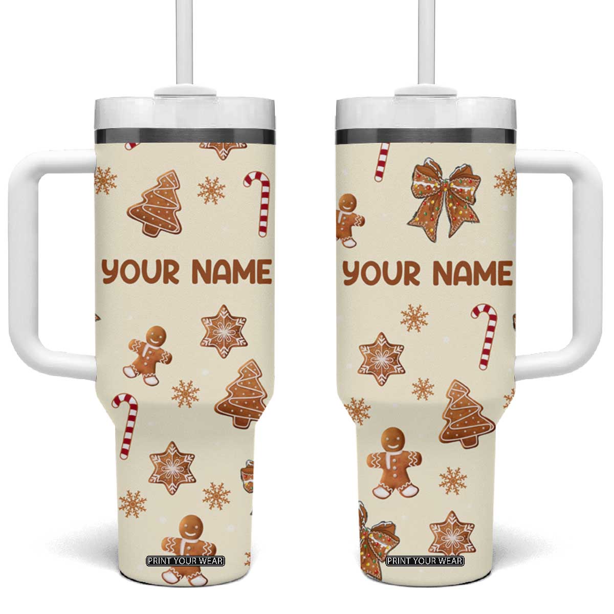 Personalized Christmas Tumbler With Handle Custom Name Coquette Bow Tree Gingerbread Xmas Gifts For Her TB10 One Size: 40 oz Cream Print Your Wear