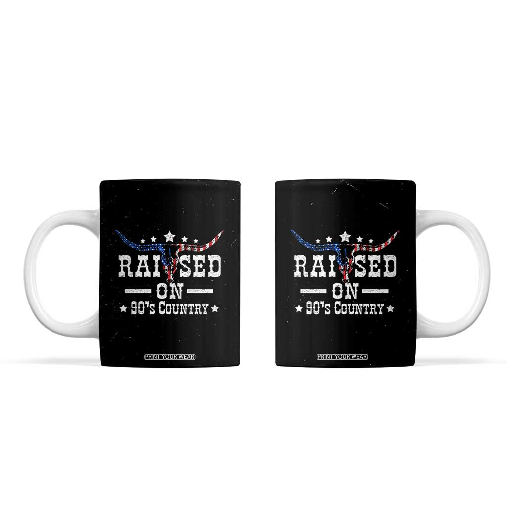 Raised On 90s Country Coffee Mug Vintage Western Bull Skull Cowboy American Flag TB10 Black Print Your Wear