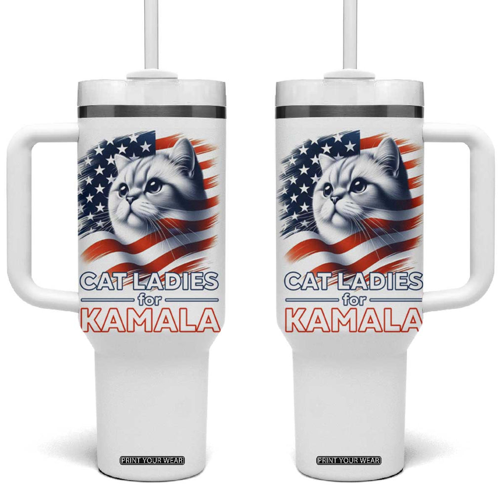 Cat Lady Ladies For Kamala Tumbler With Handle Madam President Voting Harris US Election 2024 USA American Flag TB10 One Size: 40 oz White Print Your Wear