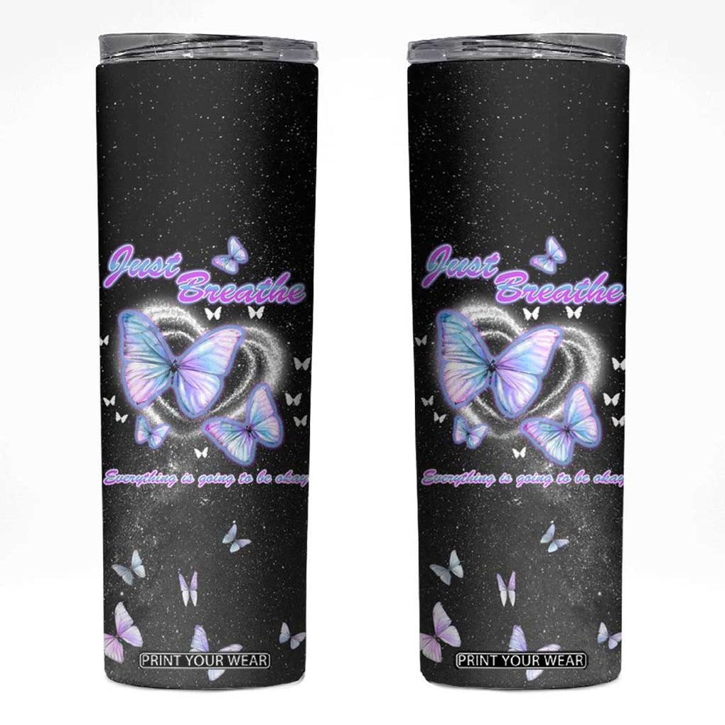 Suicide Prevention Awareness Skinny Tumbler Teal Purple Butterfly Just Breathe Everything Is Going To Be Okay TB10 Black Print Your Wear