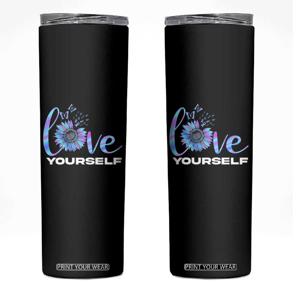 Suicide Prevention Awareness Skinny Tumbler Teal Purple Sunflower Self-Love Mental Health Positive TB10 Black Print Your Wear