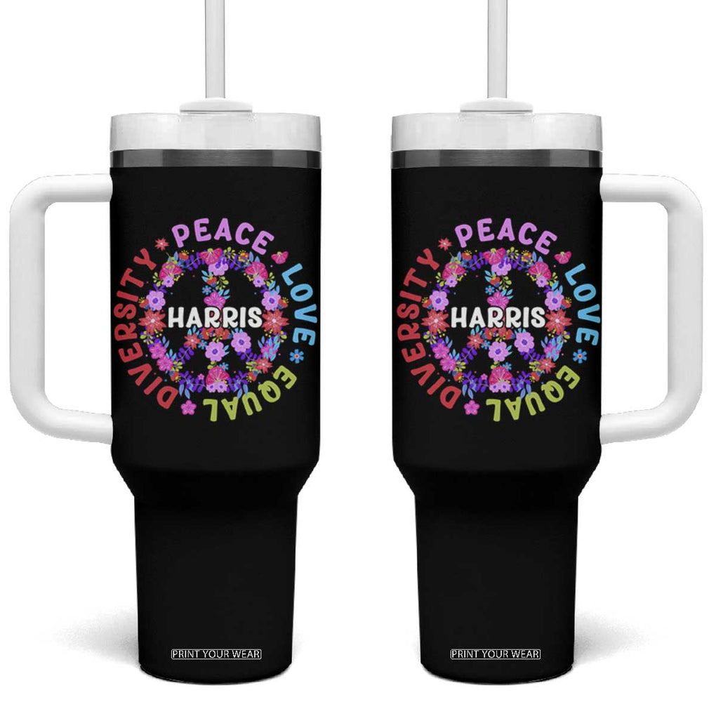 Harris 2024 Election Tumbler With Handle Feminist Flower Peace Love Equality Hope Diversity American Flag TB10 One Size: 40 oz Black Print Your Wear