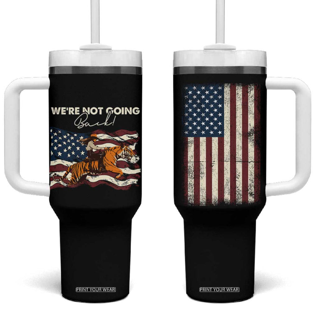 We're Not Going Back Kamala Harris 2024 Election Tumbler With Handle Childless Cat Lady Vintage Western American Flag TB10 One Size: 40 oz Black Print Your Wear