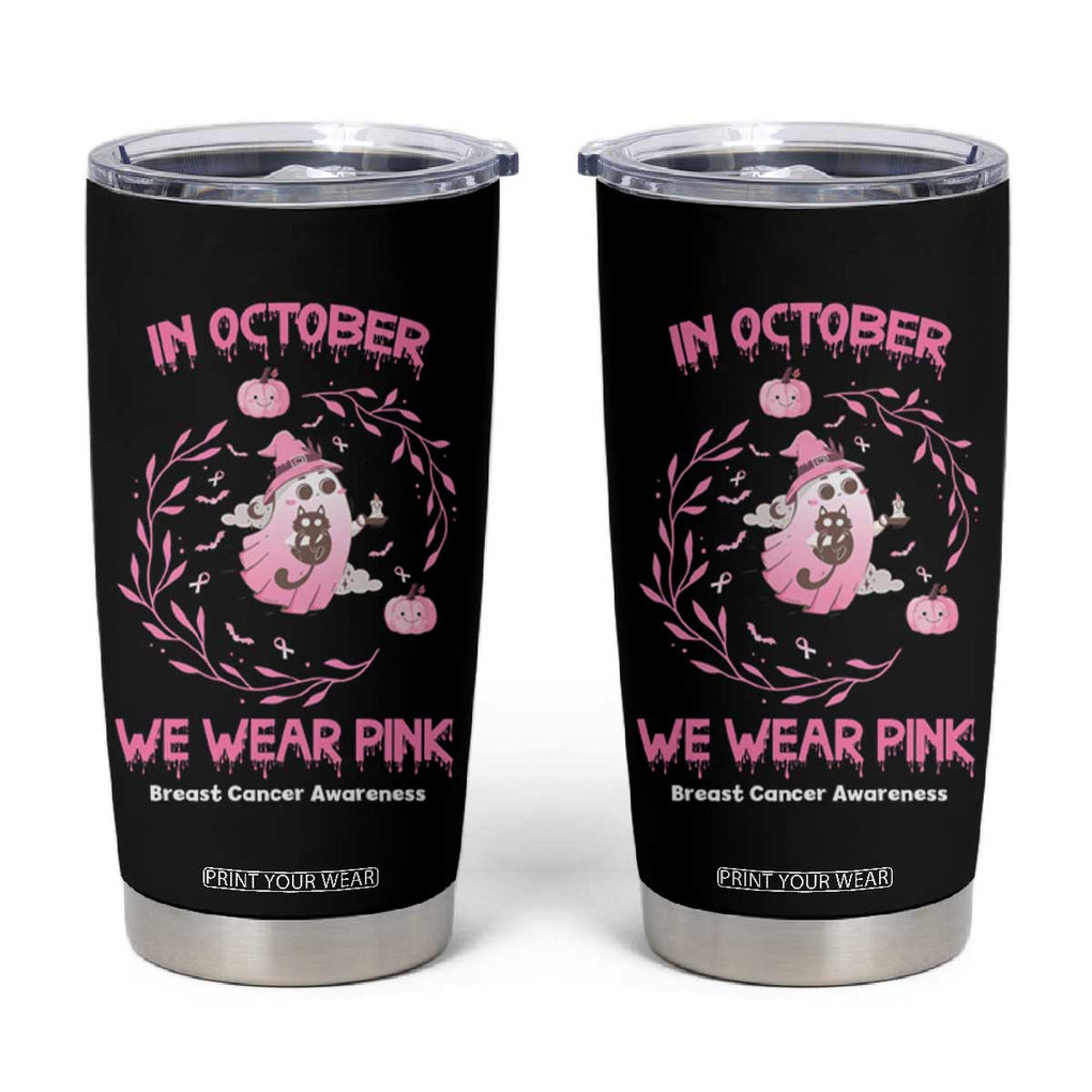 Cute Ghost Halloween Breast Cancer Awareness Tumbler Cup In October We Wear Pink TB10 Black Print Your Wear